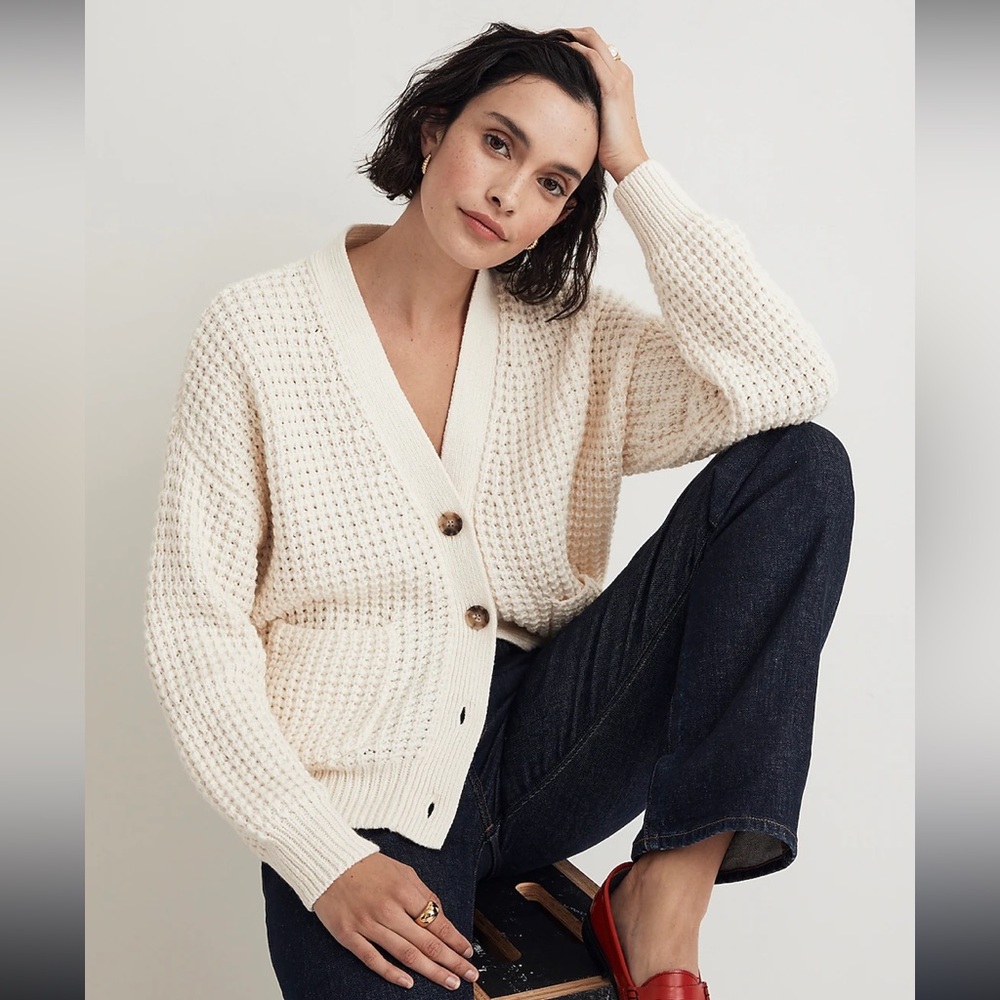 Madewell Cream Waffle Kint Cardigan Sweater XXS NWT